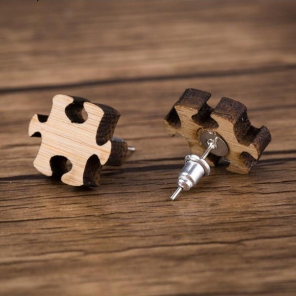 "Puzzle Lover" Handmade Wood Stud Earrings - Picture 2 of 4